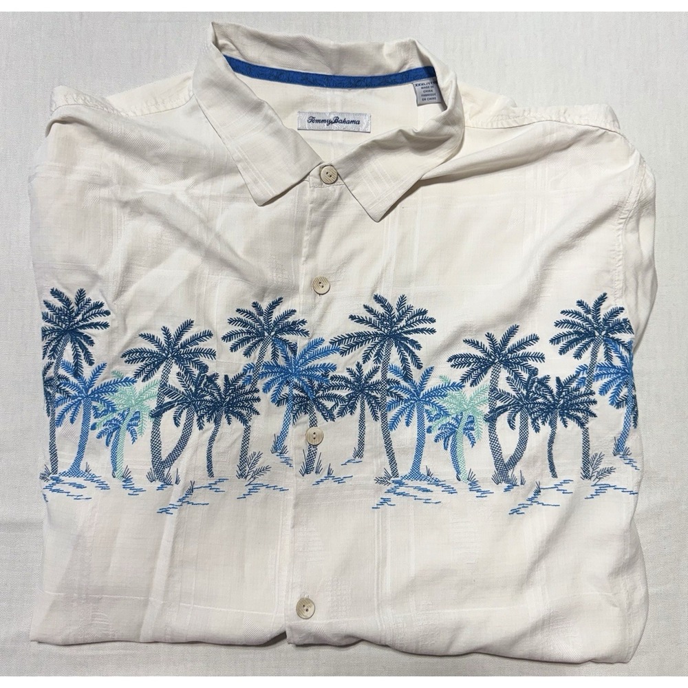 Tommy Bahama Shirt Mens XXXL White Blue Silk Embroidered Palm Trees